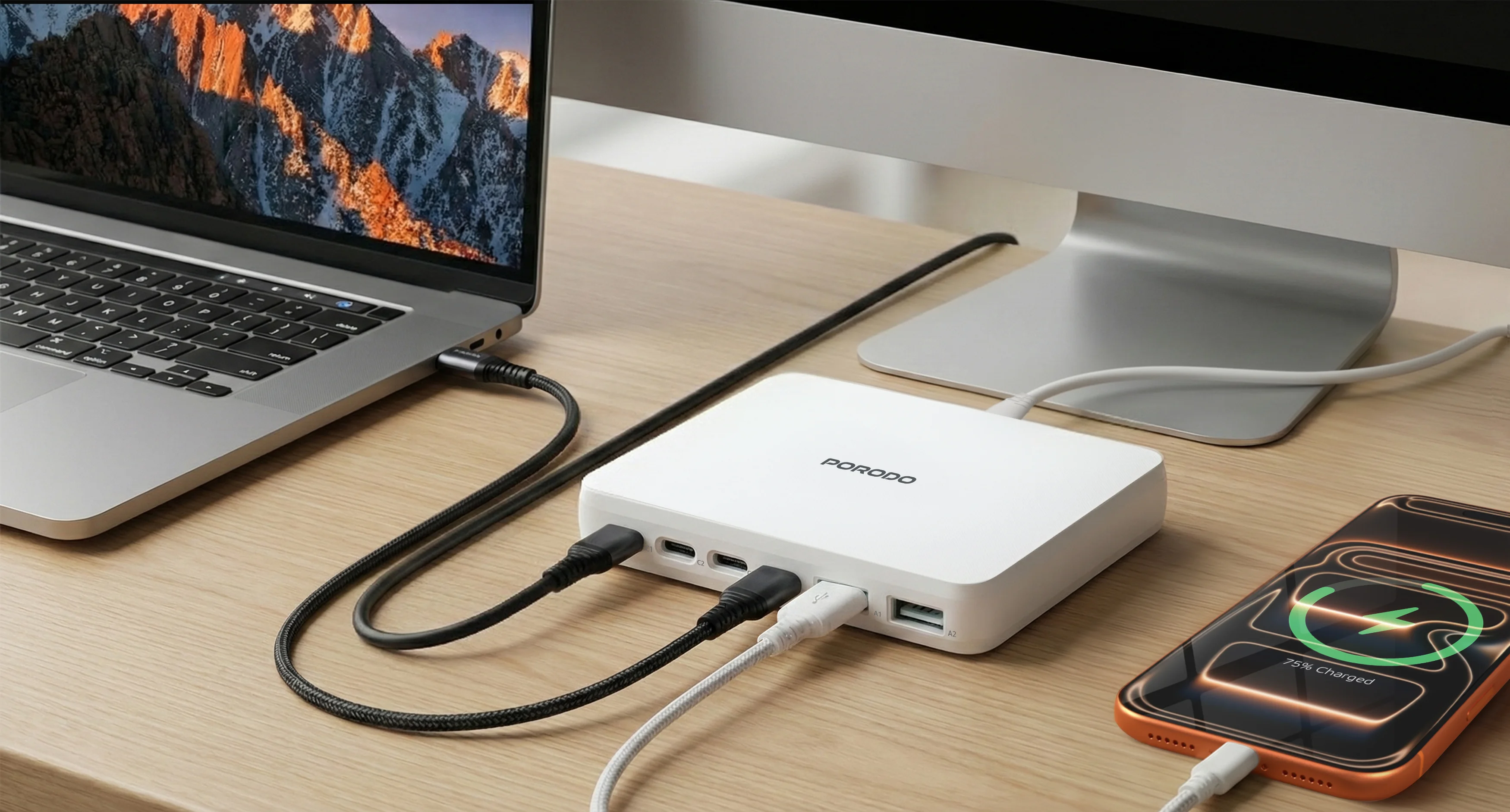 Porodo Velora 100W 4x USB-C & 2x USB-A GaN Wall Charger - UK Plug, White