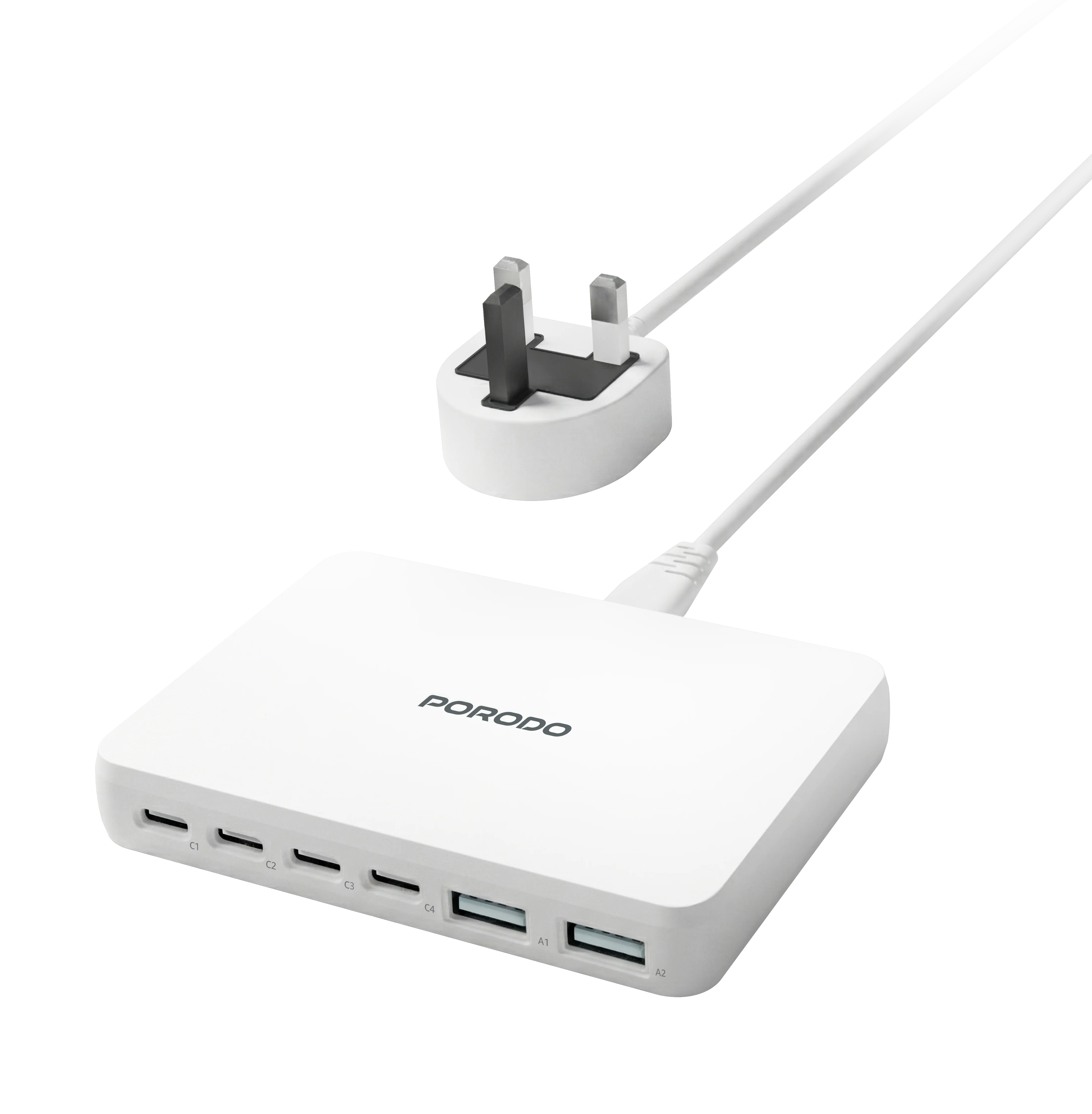 Porodo Velora 100W 4x USB-C & 2x USB-A GaN Wall Charger - UK Plug, White