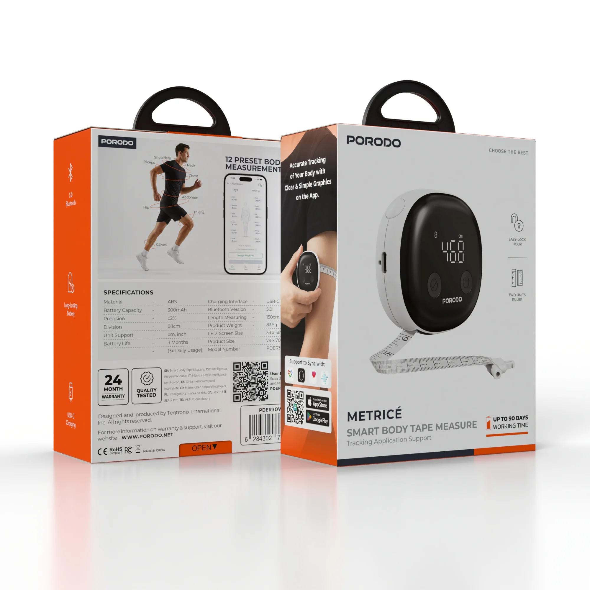 Porodo Metrice Smart Body Tape Measure with Bluetooth - White