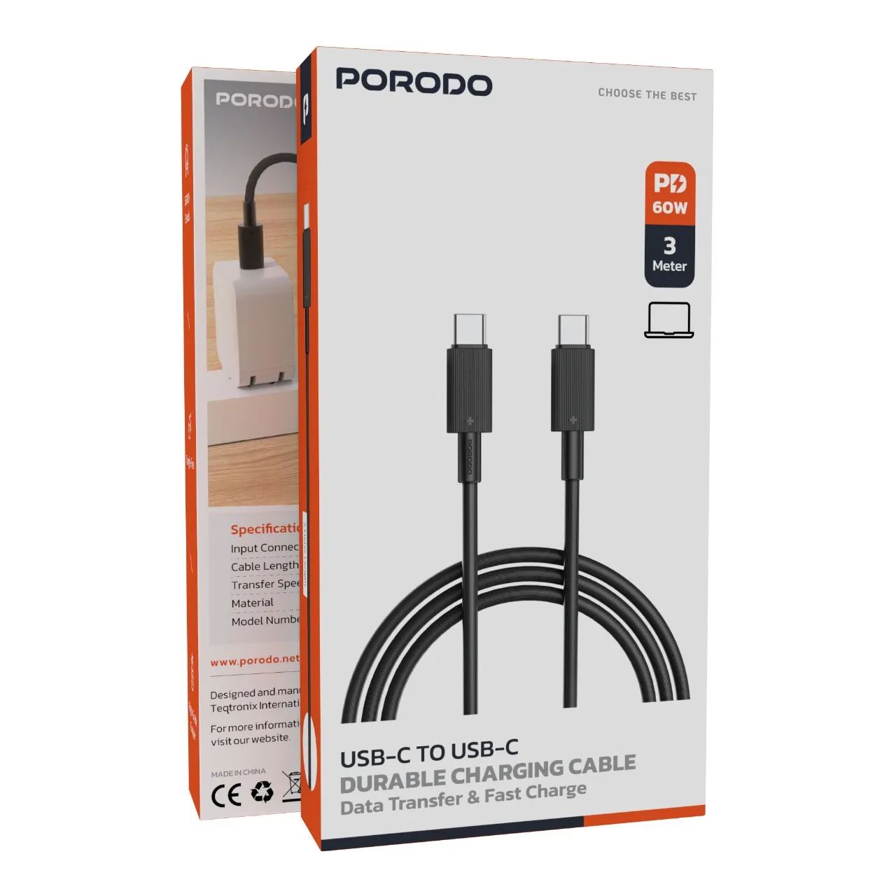 Porodo USB-C to USB-C Durable Charging Cable 3M Black