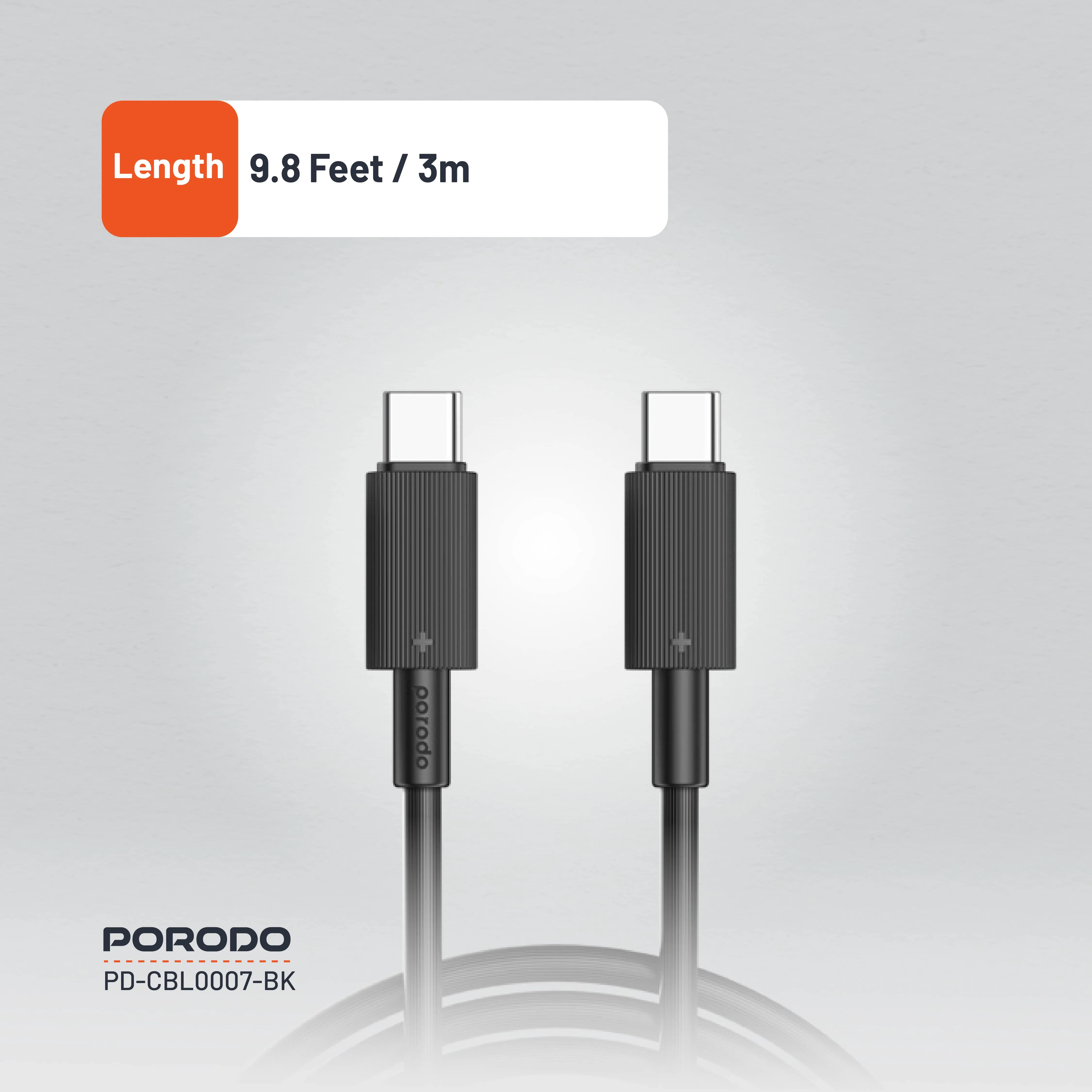 Porodo USB-C to USB-C Durable Charging Cable 3M Black (PDCBL0007BK)