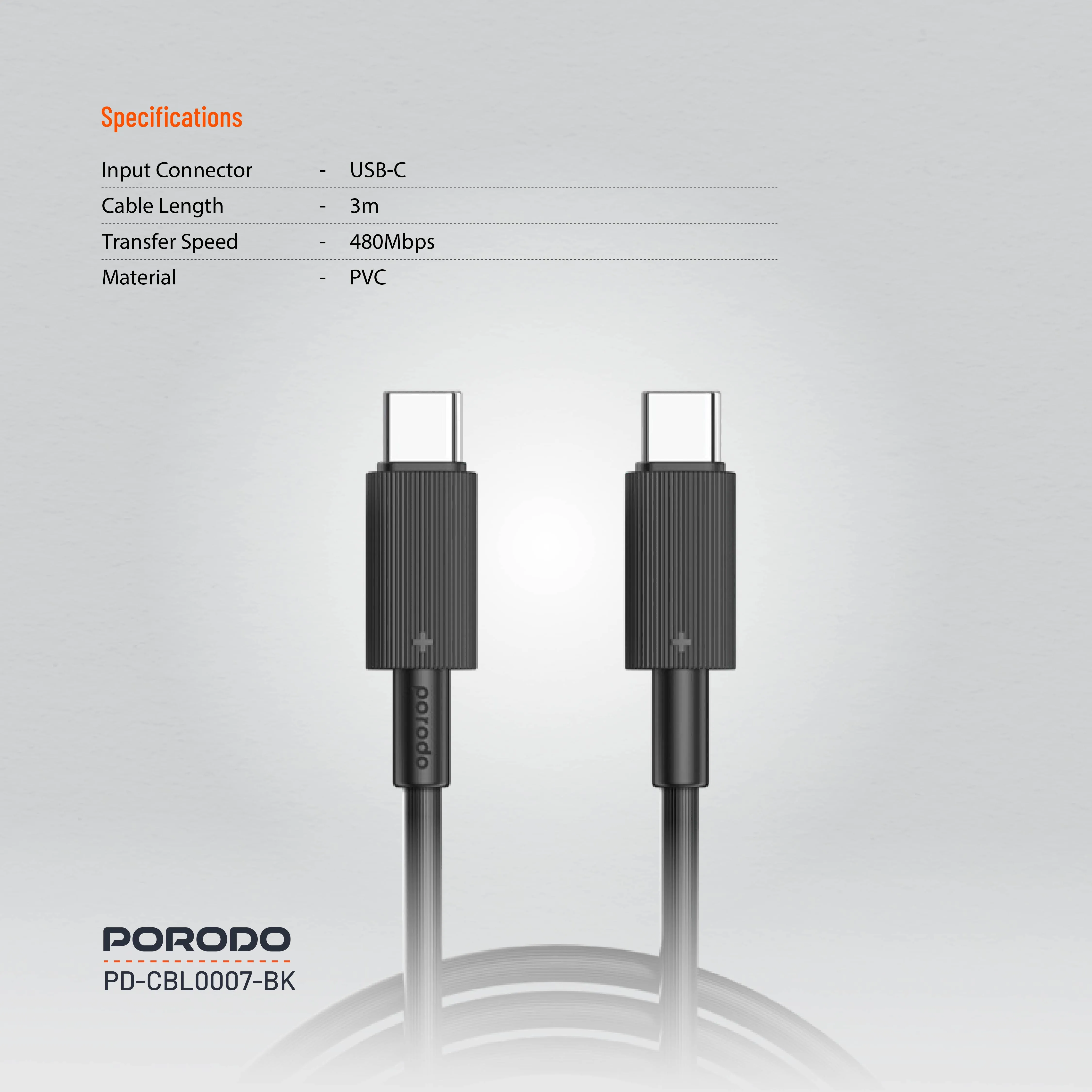 Porodo USB-C to USB-C Durable Charging Cable 3M Black (PDCBL0007BK)