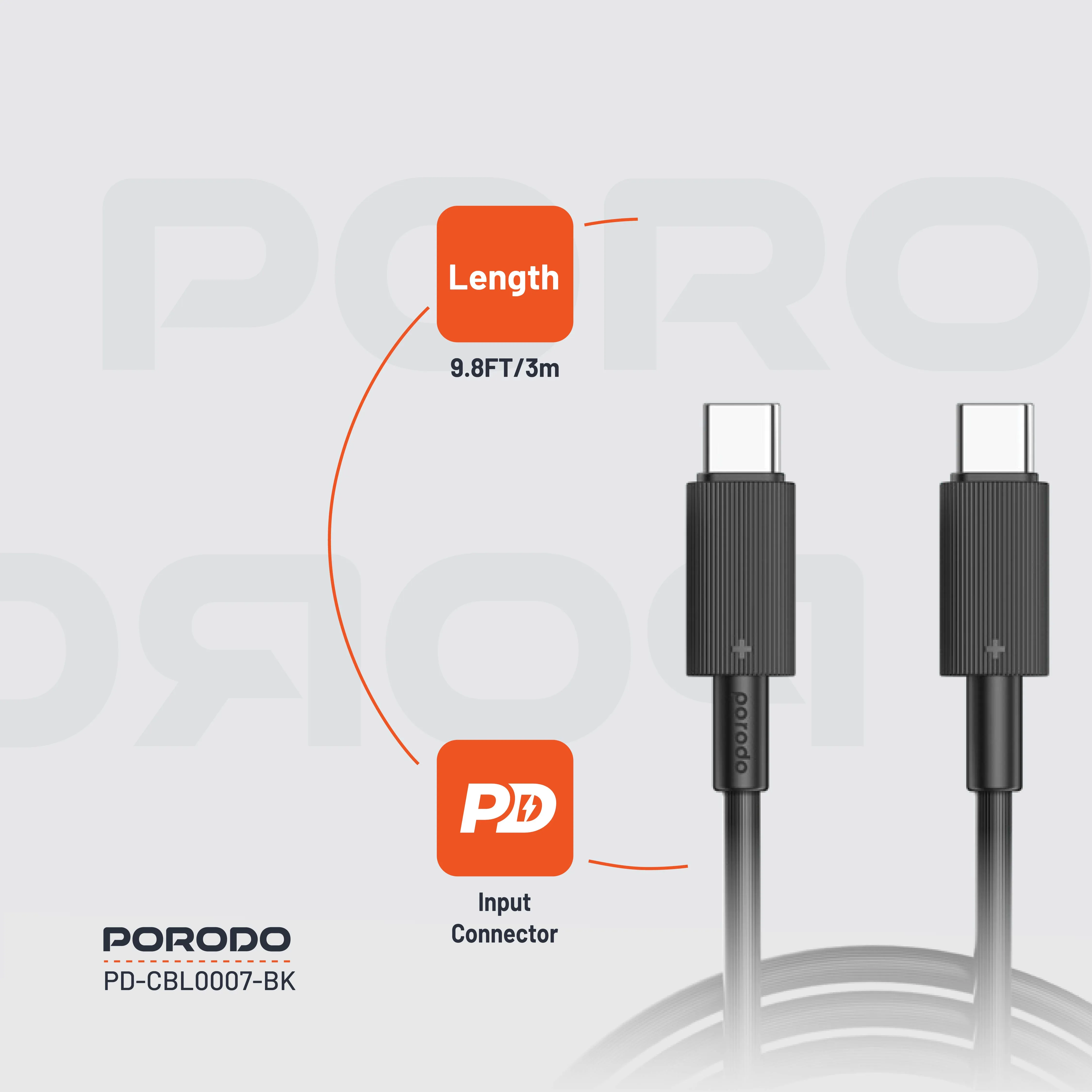 Porodo USB-C to USB-C Durable Charging Cable 3M Black (PDCBL0007BK)