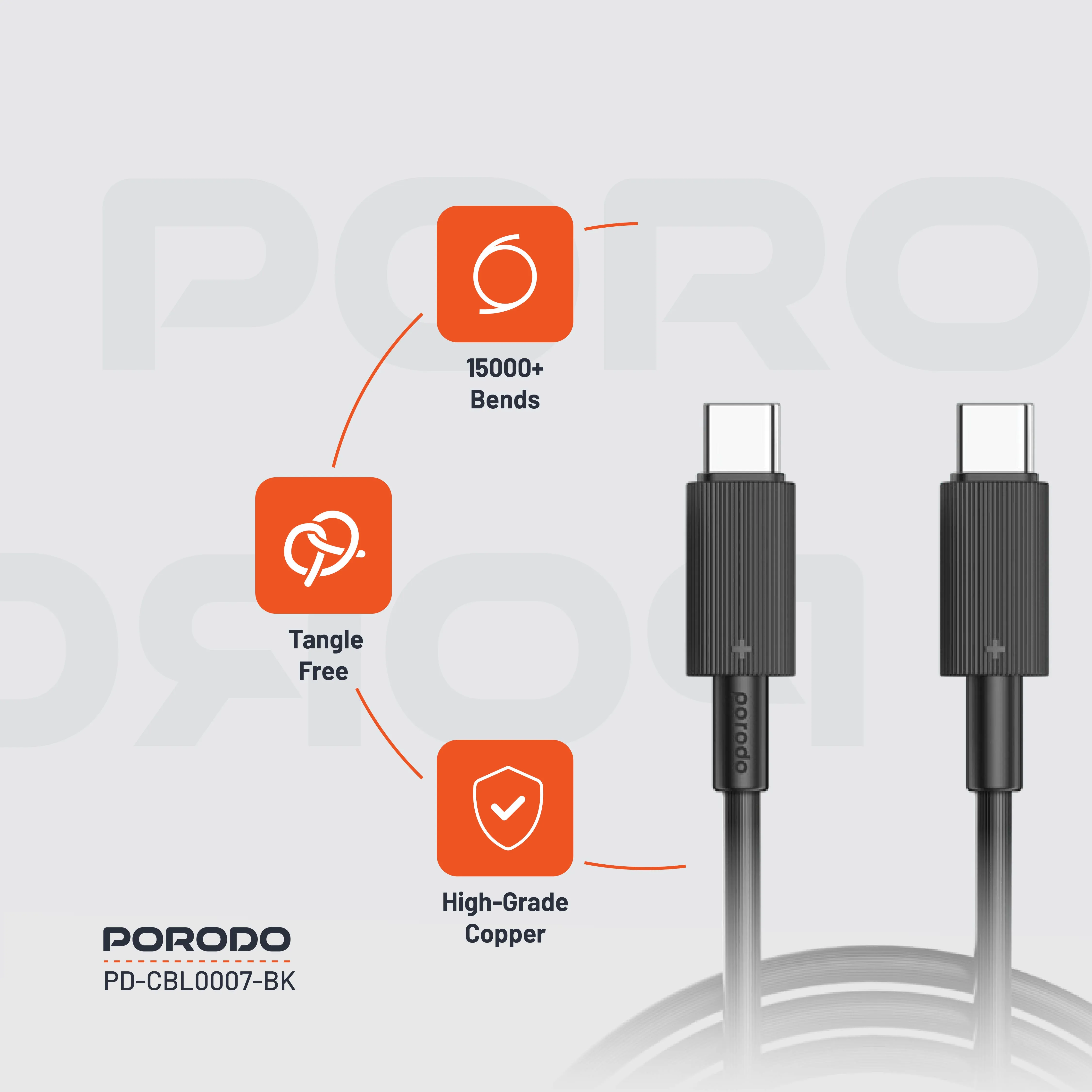 Porodo USB-C to USB-C Durable Charging Cable 3M Black (PDCBL0007BK)