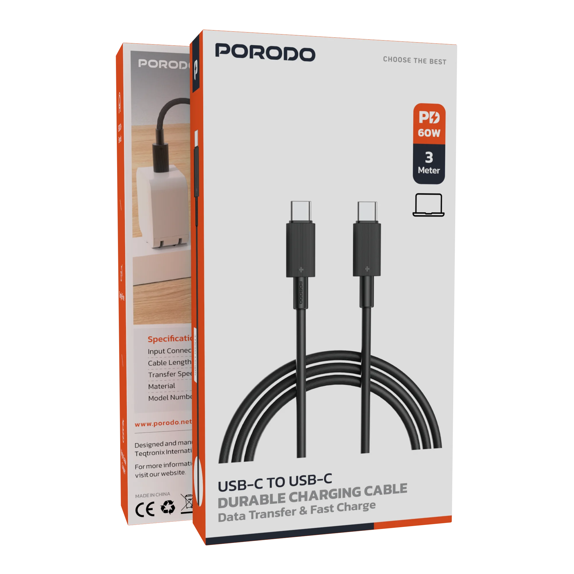 Porodo USB-C to USB-C Durable Charging Cable 3M Black (PDCBL0007BK)