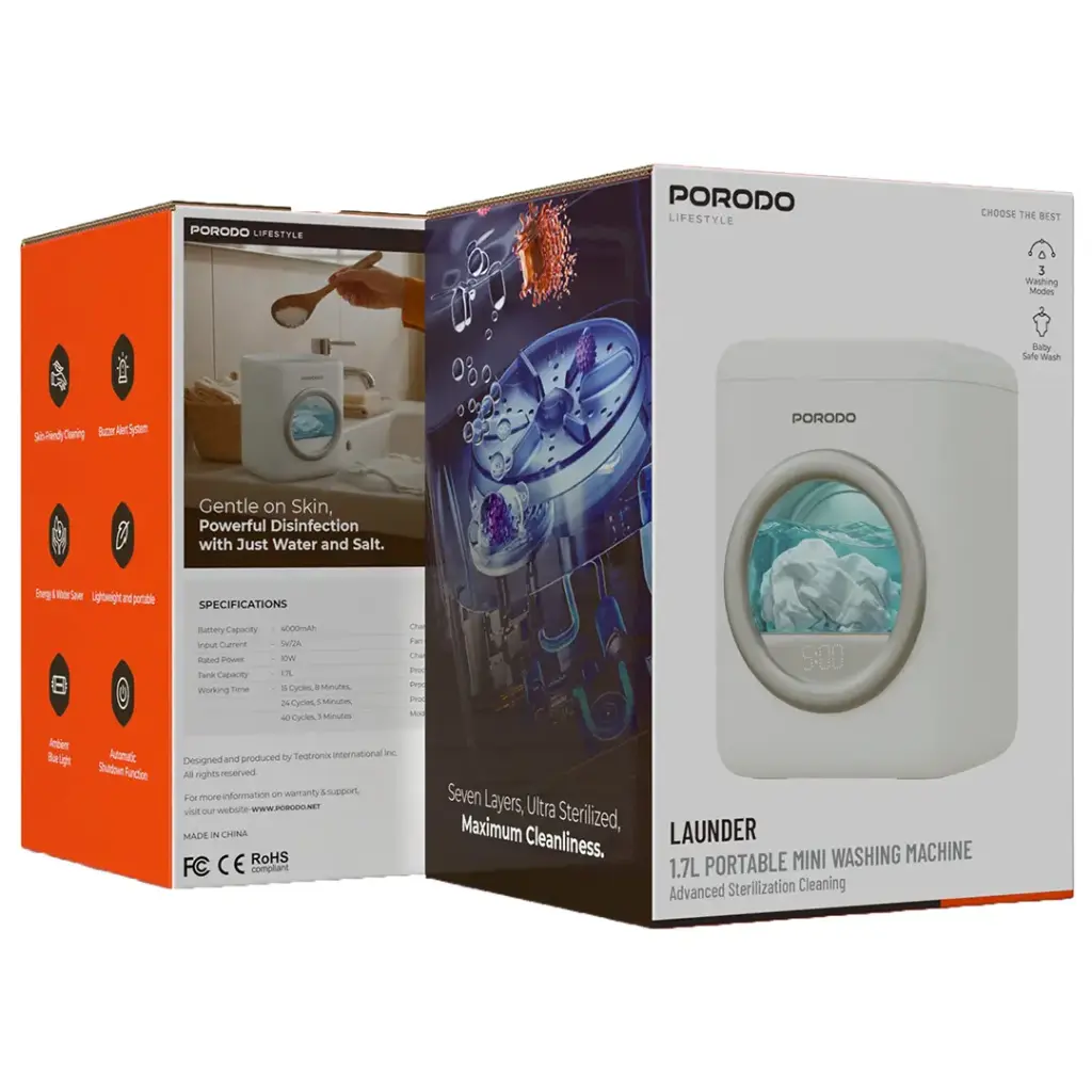 Porodo Lifestyle launder 1.7L  Portable Mini Washing Machine with Advanced Sterilization Cleaning - White.webp
