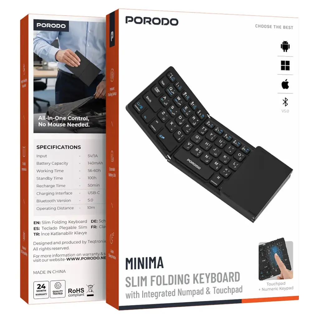 Porodo Minima Slim Folding Keyboard With Integrated Numpad & Touchpad.webp