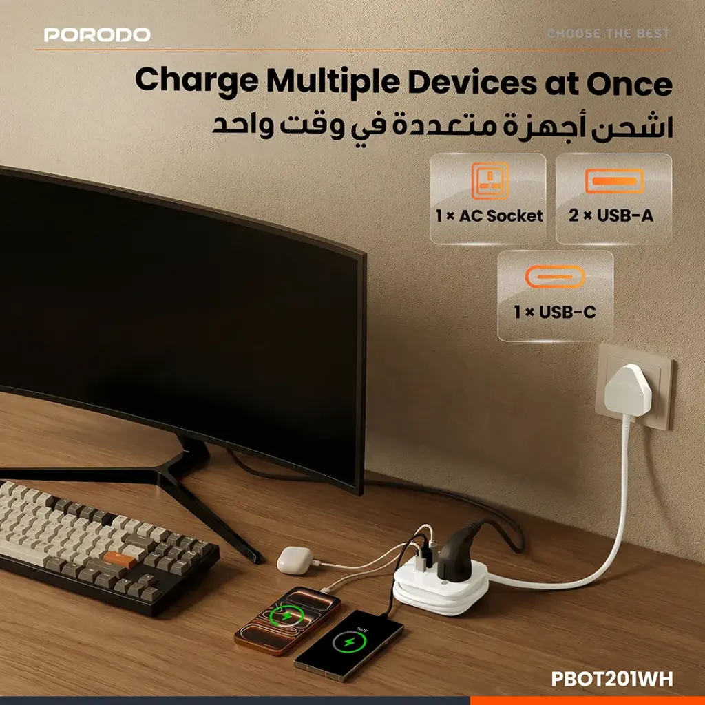 Porodo Blue Volga Multi-Port Universal AC Socket with USB-A & C - White5.webp