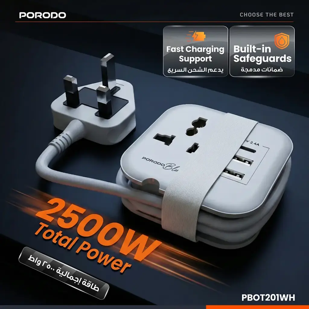 Porodo Blue Volga Multi-Port Universal AC Socket with USB-A & C - White6.webp