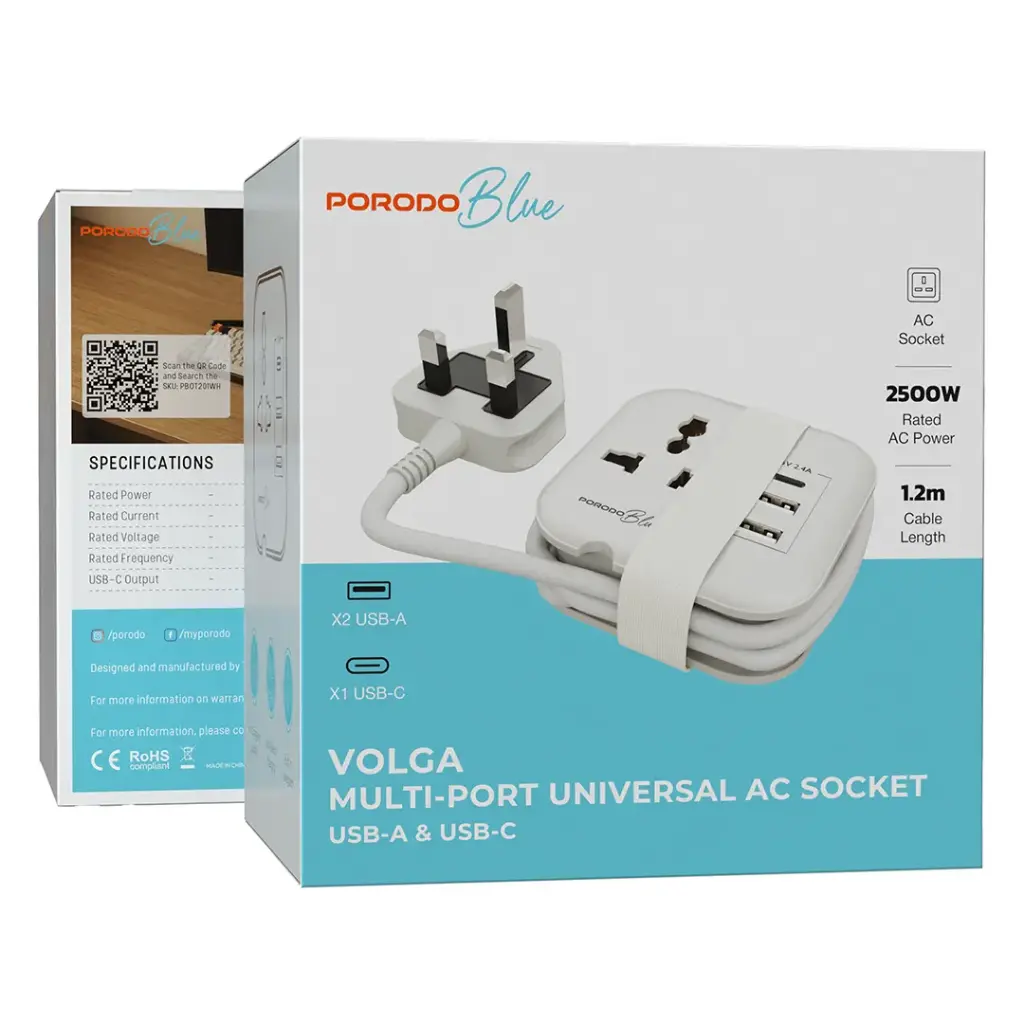 Porodo Blue Volga Multi-Port Universal AC Socket with USB-A & C - White.webp