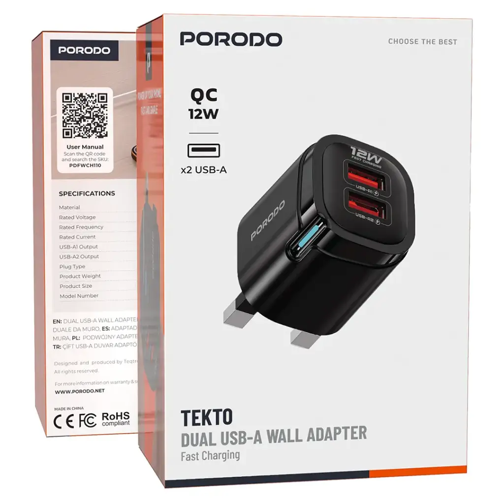 Porodo Tekto Dual USB-A Wall Adapter - Black.webp