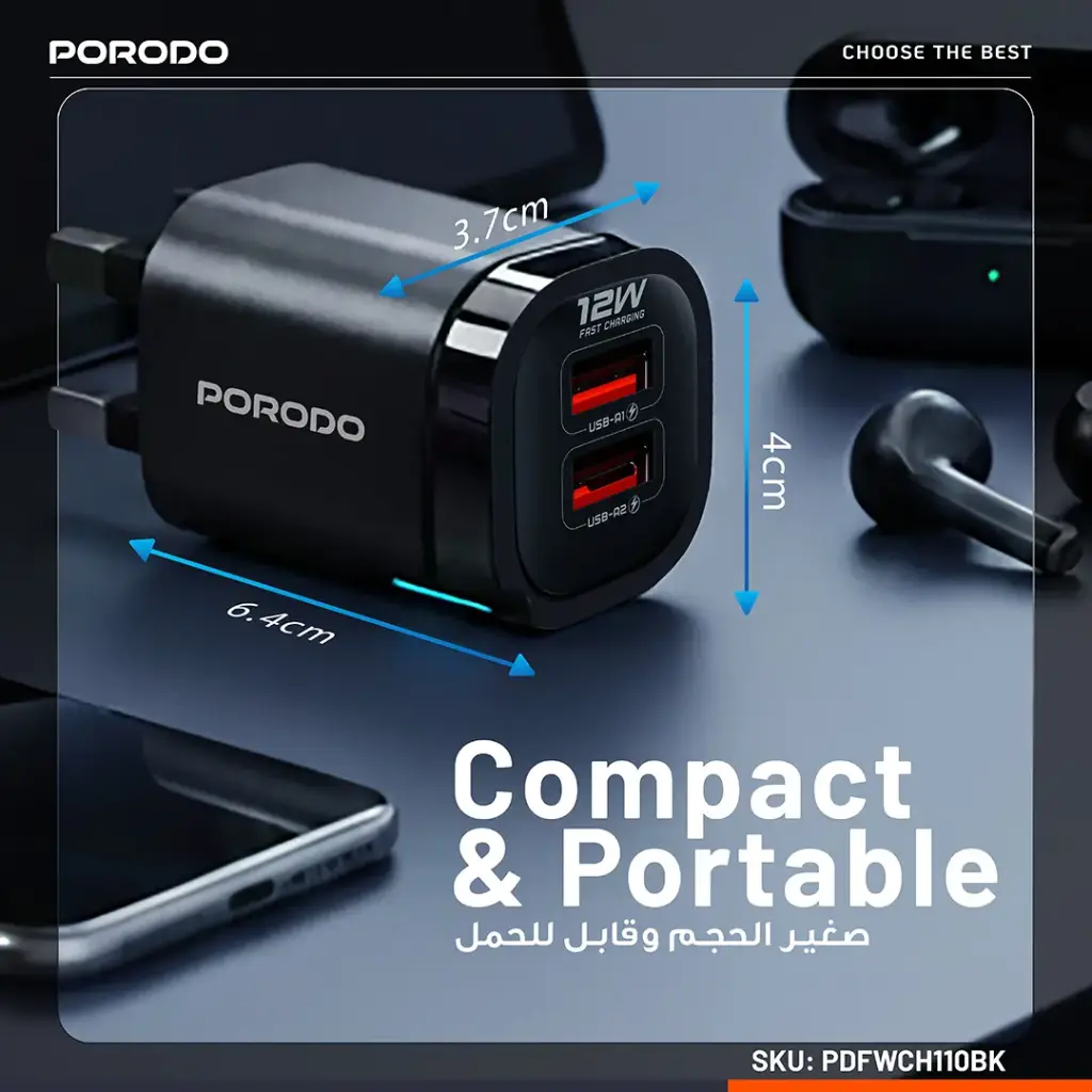 Porodo Tekto Dual USB-A Wall Adapter - Black2.webp