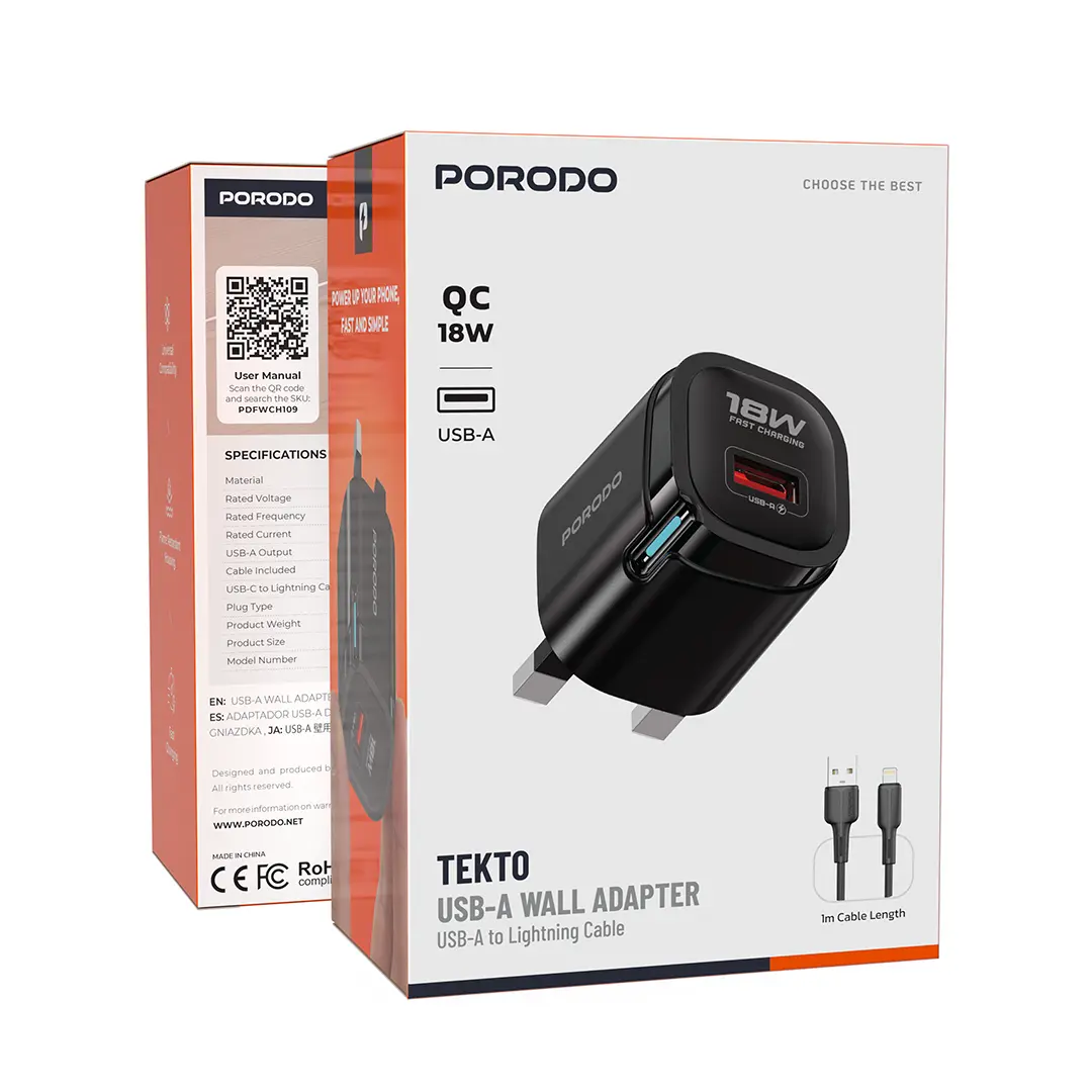 Porodo Tekto 18W USB-A Wall Adapter with Lightning Cable