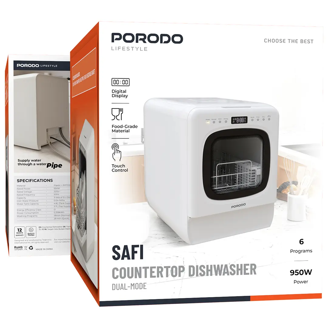 Porodo Safi Dual-Mode Countertop Dishwasher - 6 Programs White