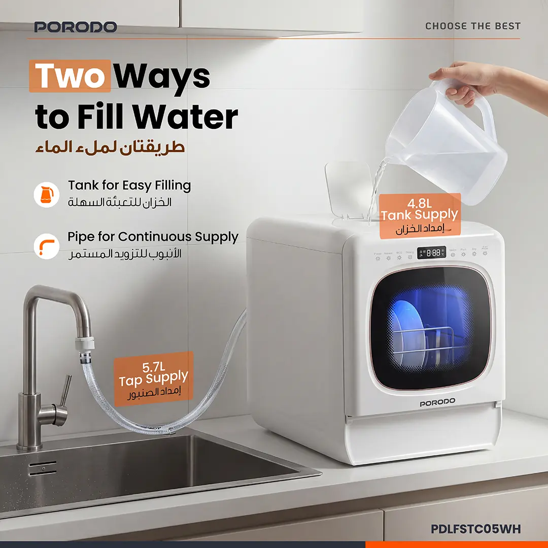 Porodo Safi Dual-Mode Countertop Dishwasher - 6 Programs White