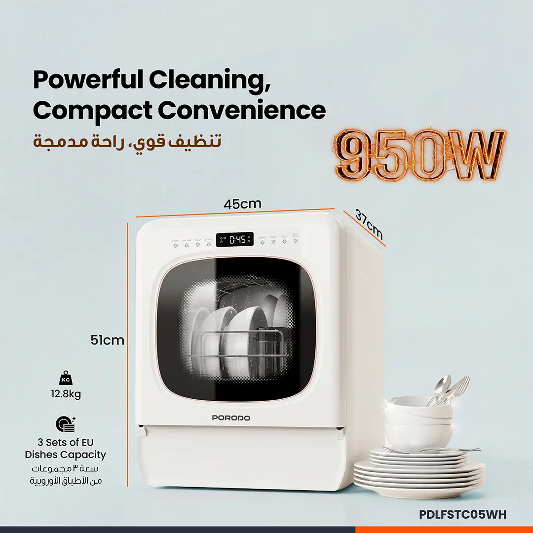Porodo Safi Dual-Mode Countertop Dishwasher - 6 Programs White