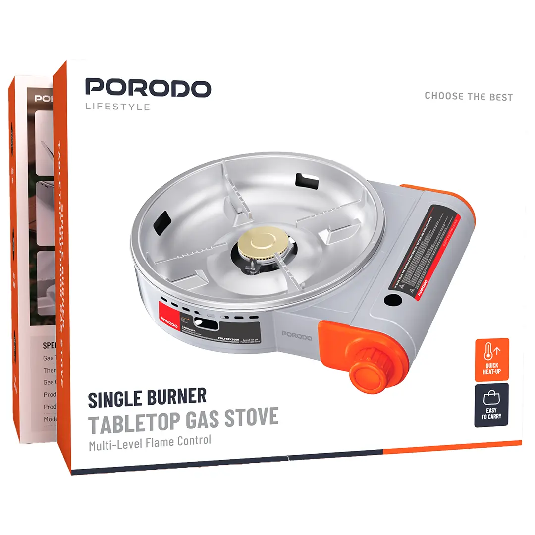 Porodo Lifestyle Single Burner Tabletop Gas Stove - Grey/Orange