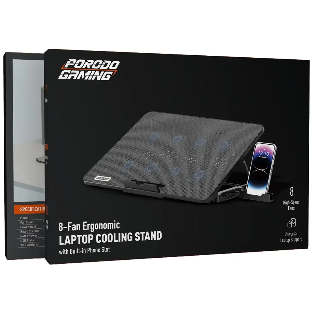 Porodo Gaming 8-Fan Ergonomic Laptop Cooling Stand