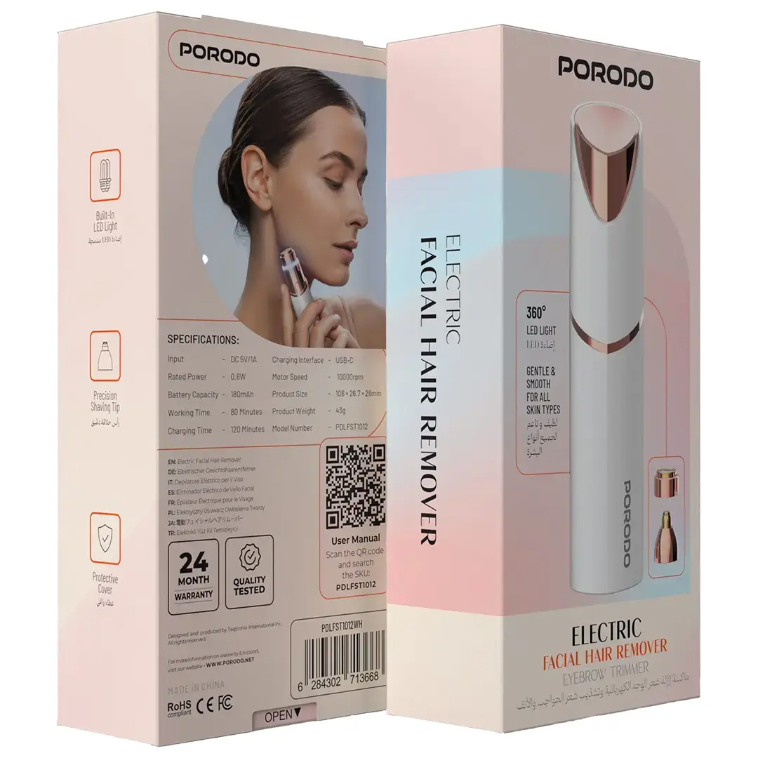 Porodo 2-in-1 Rechargeable Face Shaver & Eyebrow Trimmer (PDLFST1012WH)