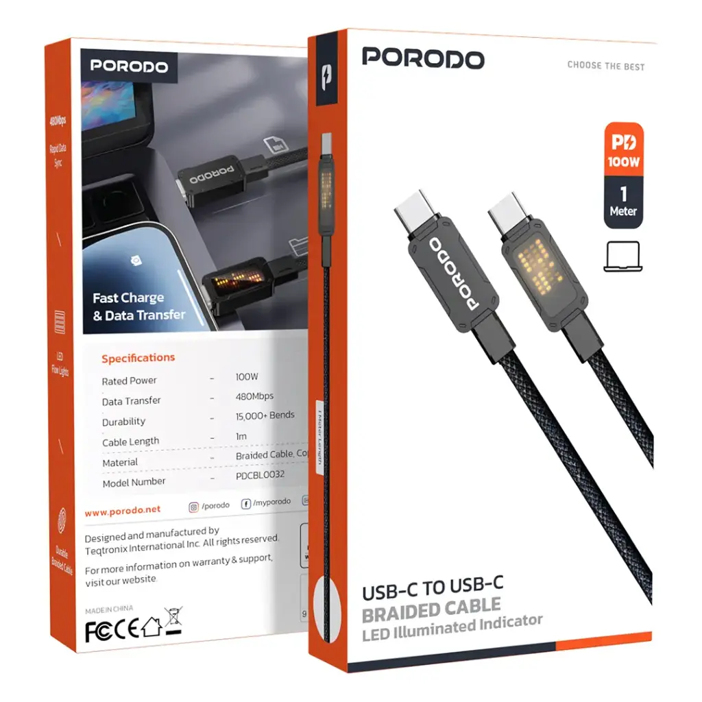 Porodo Pixelated Braided Cable 1M (USB-C to USB-C & USB-C to Lightning) - Black.webp