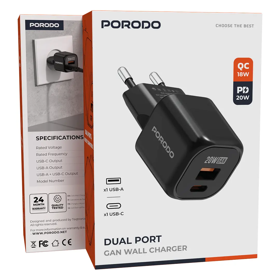 Porodo Dual Port 20W GaN Fast Wall Charger - Black
