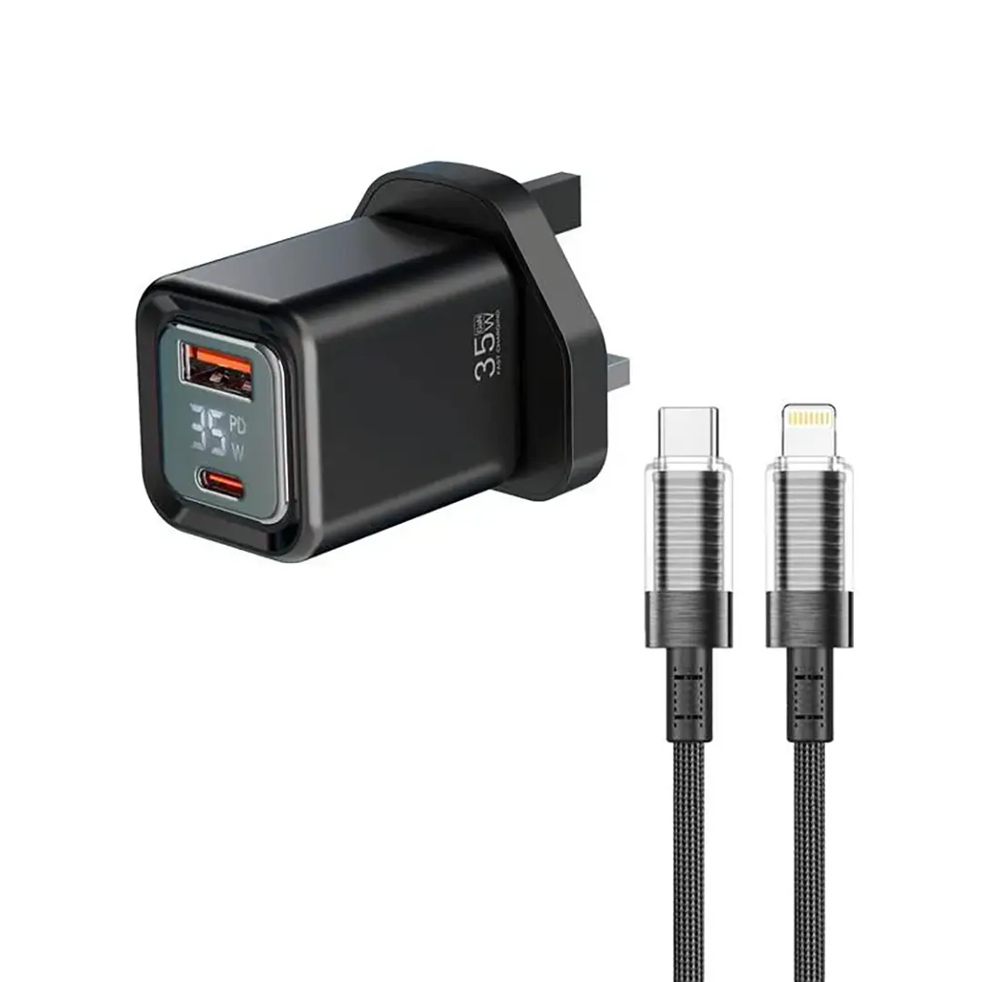 Porodo Dual-Port 35W GaN Fast Wall Charger with Digital Display and Cable - UK Plug