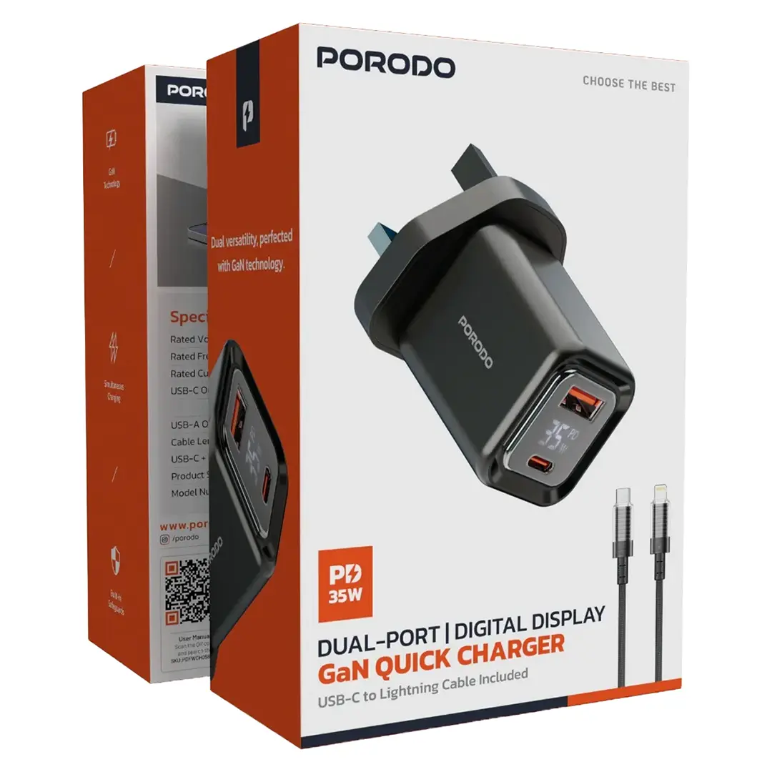 Porodo Dual-Port 35W GaN Fast Wall Charger with Digital Display and Cable - UK Plug