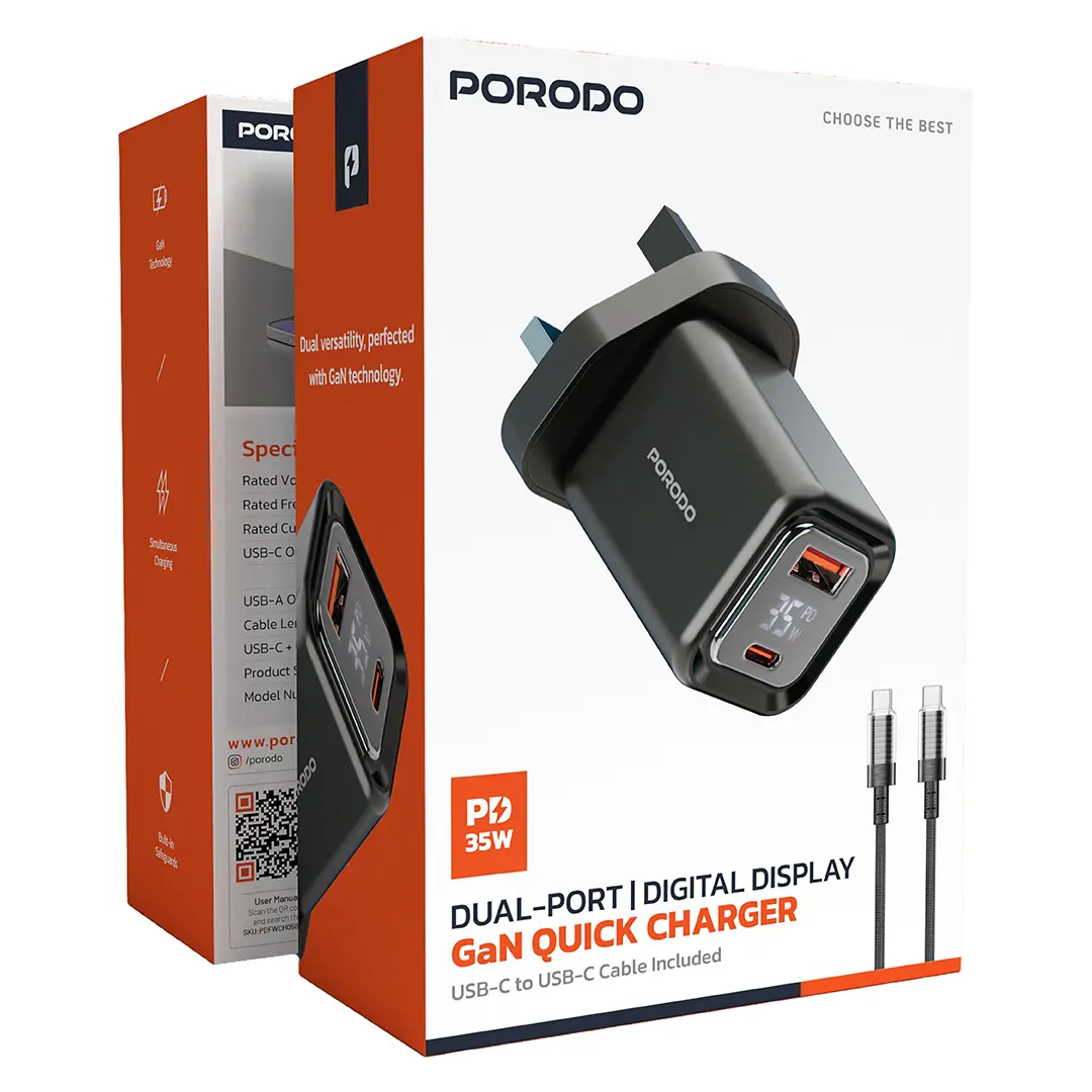 Porodo 35W GaN Dual-Port Charger with Digital Display and UK Plug