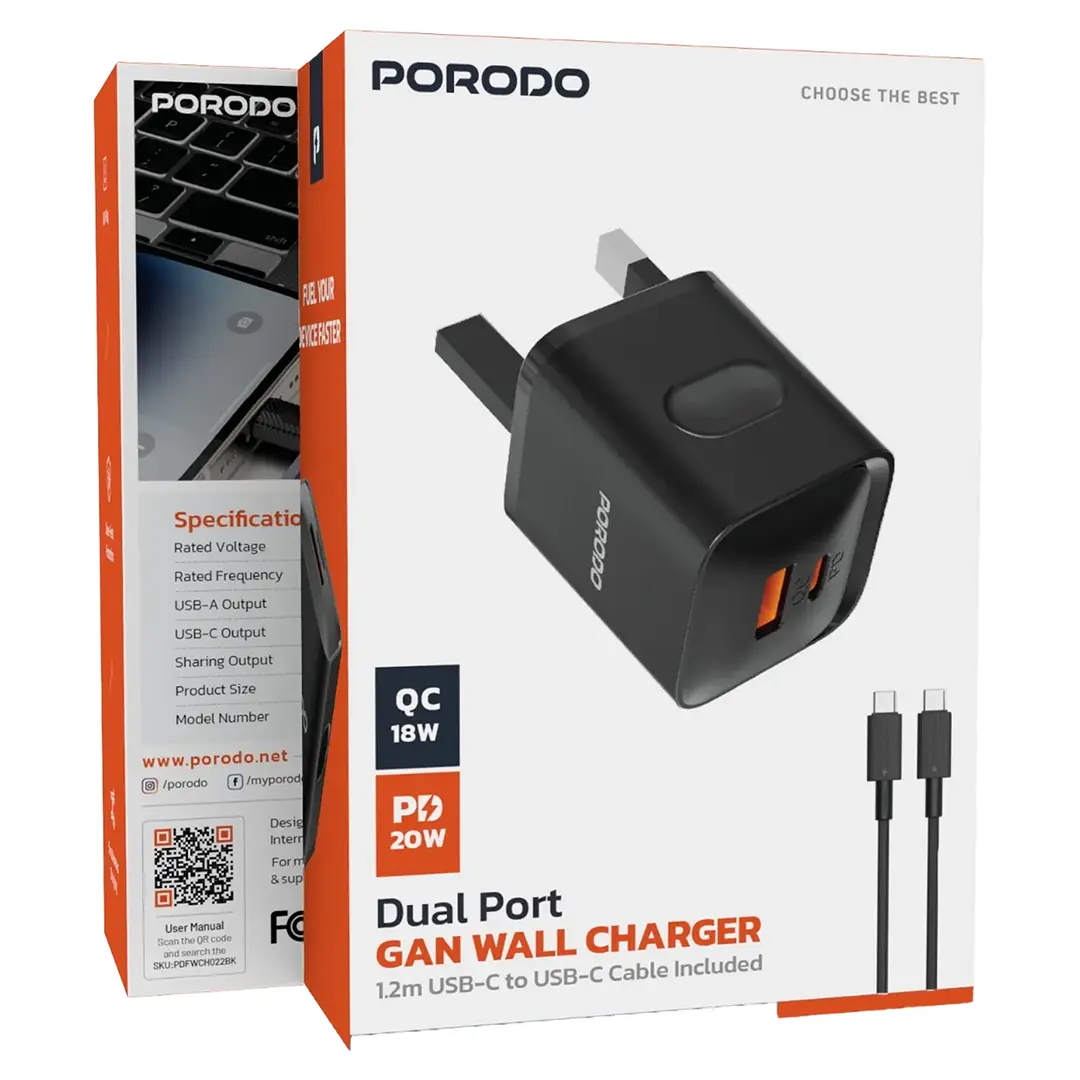 Porodo PD+QC 20W UK Wall Charger with USB-C to USB-C Cable - Black
