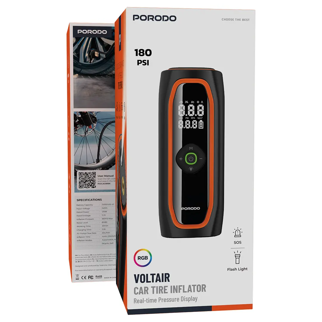 Porodo Voltair 120W Car Tire Inflator with 7500mAh Battery - Black