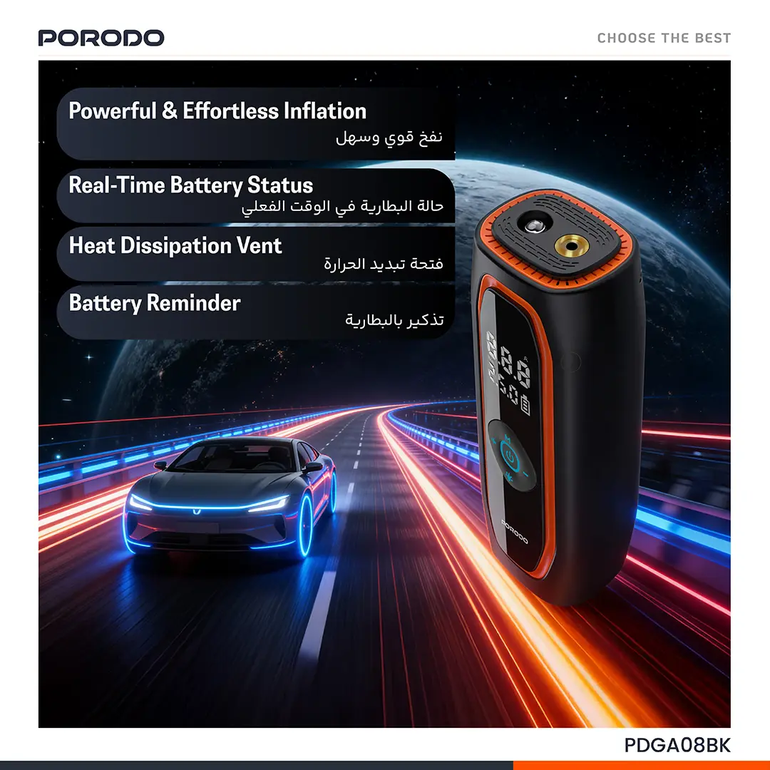 Porodo Voltair 120W Car Tire Inflator with 7500mAh Battery - Black