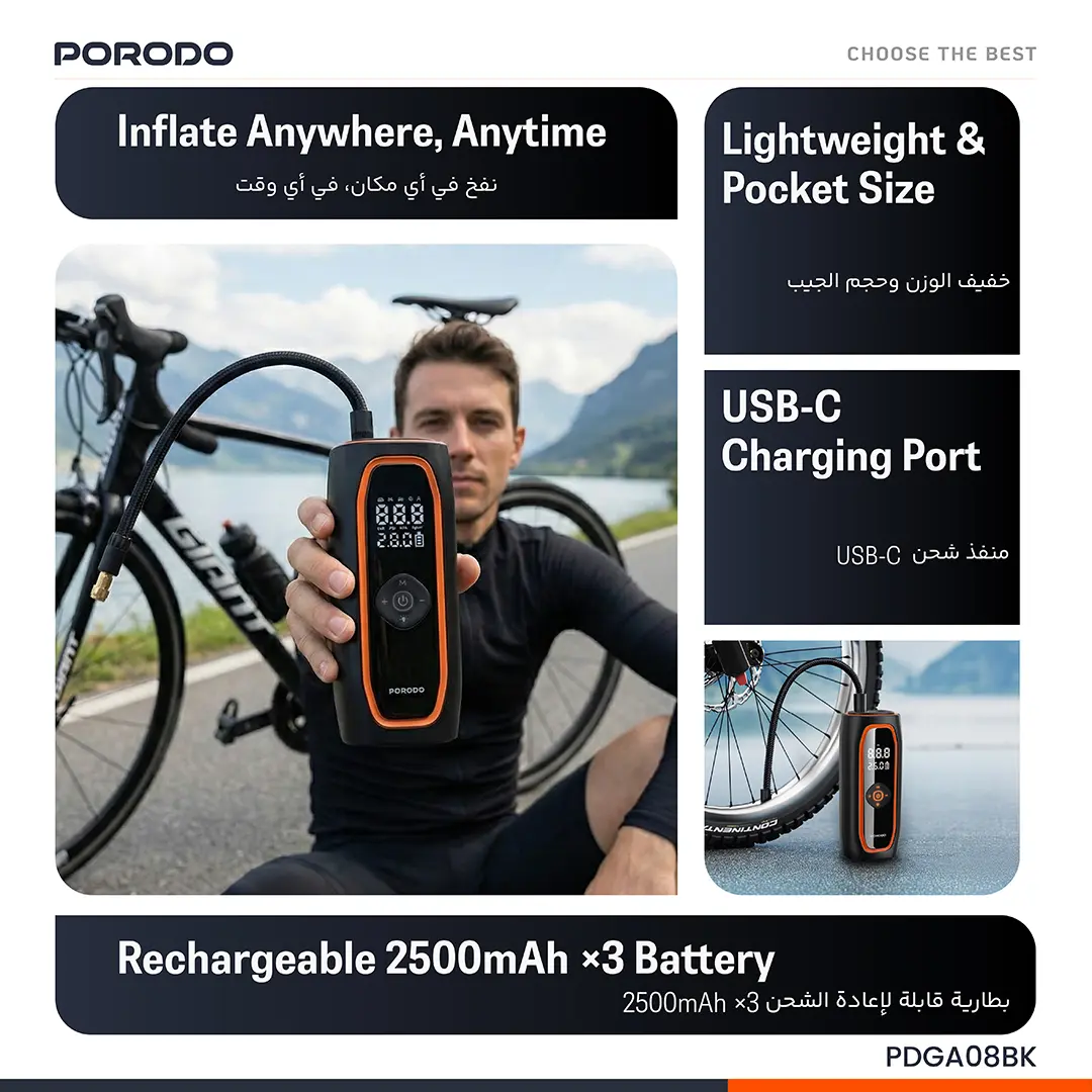 Porodo Voltair 120W Car Tire Inflator with 7500mAh Battery - Black