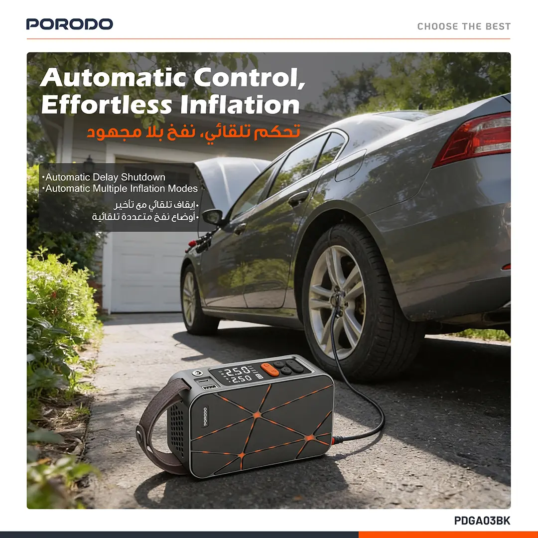 Porodo Flator 4000mAh Car Tire Inflator with Pressure Display