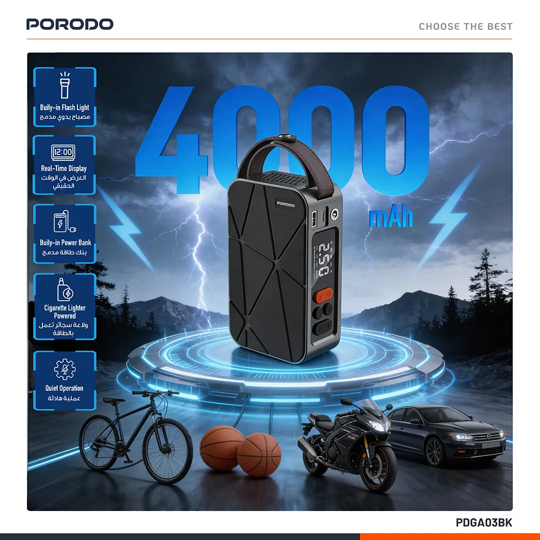 Porodo Flator 4000mAh Car Tire Inflator with Pressure Display