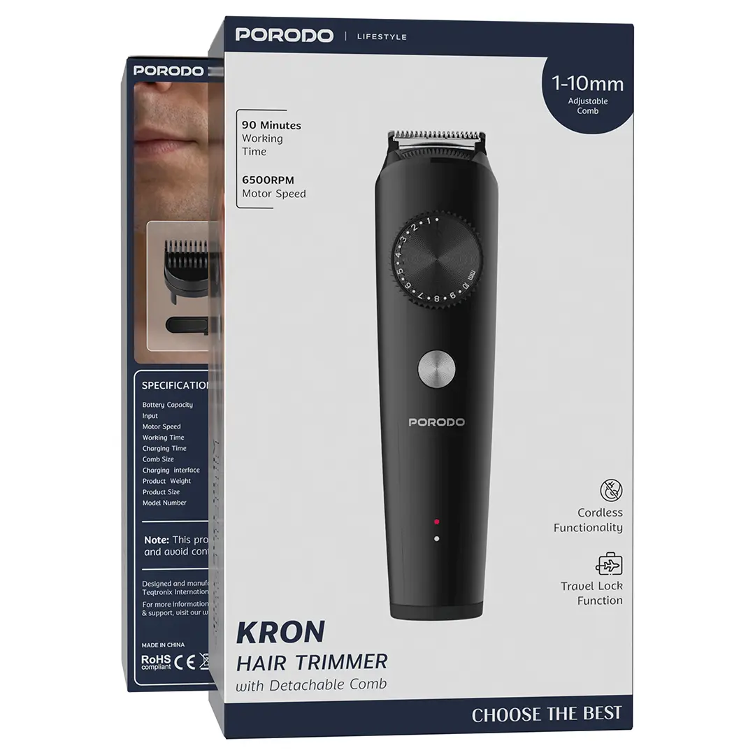 Porodo Lifestyle Kron Hair Trimmer with Detachable Comb - Black