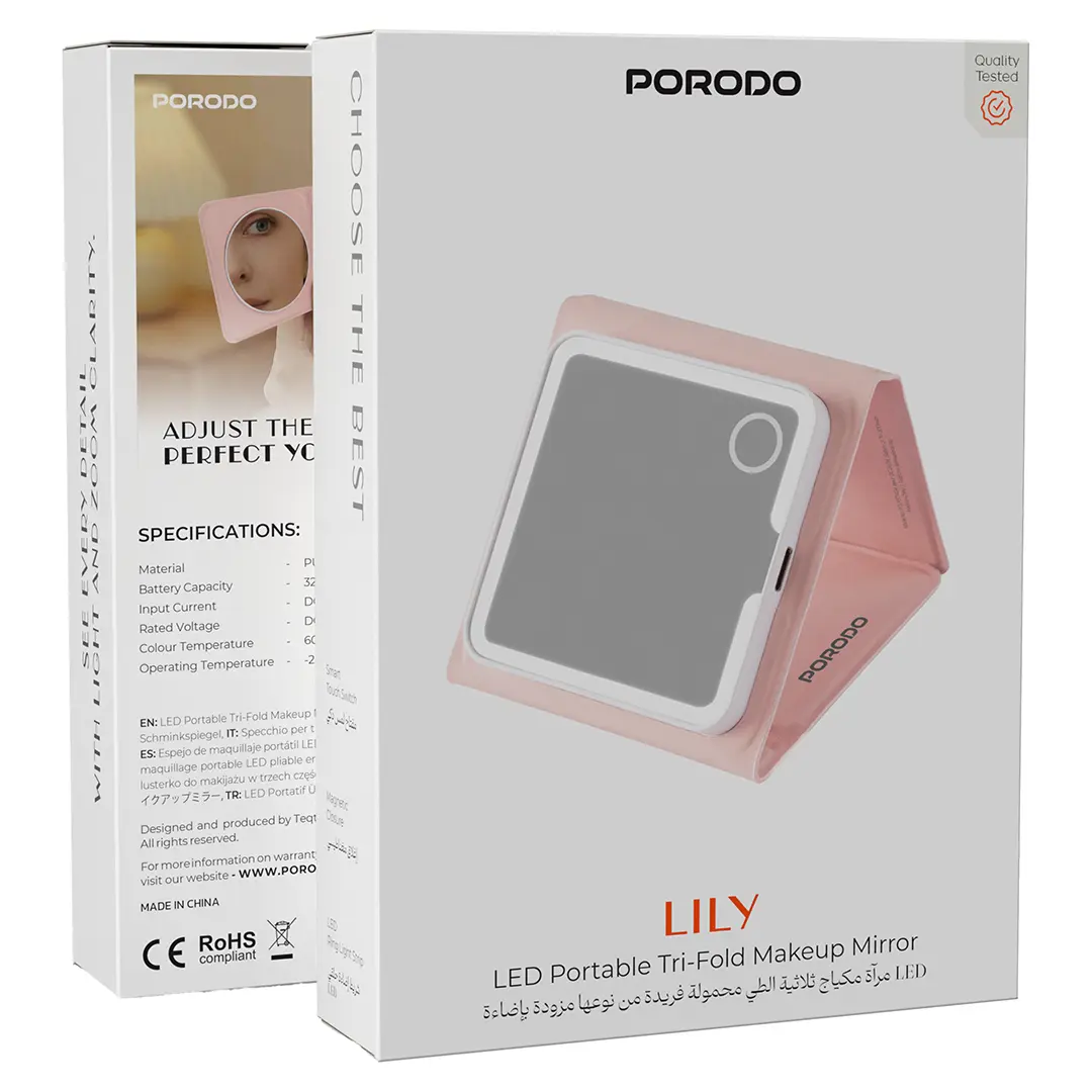 Porodo Lily LED Tri-Fold Makeup Mirror - Pink