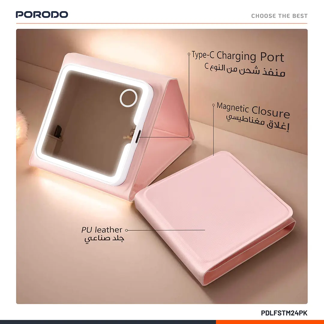 Porodo Lily LED Tri-Fold Makeup Mirror - Pink