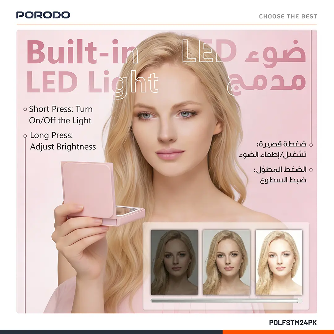 Porodo Lily LED Tri-Fold Makeup Mirror - Pink
