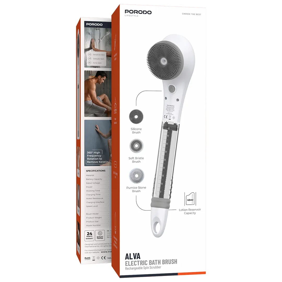 Porodo Alva 3-in-1 Electric Body Brush with Lotion Storage - Grey