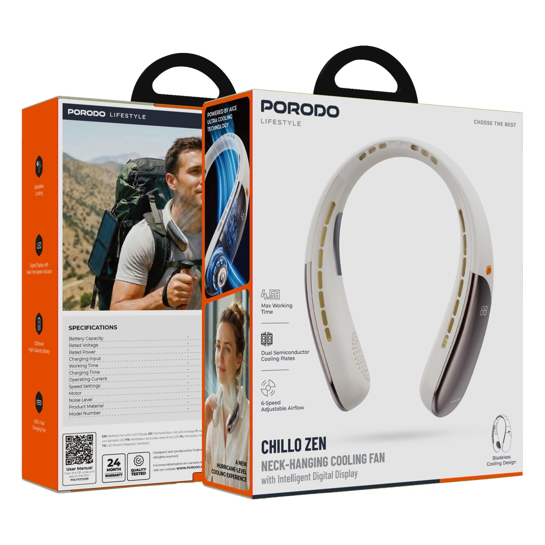Porodo Lifestyle Chillo Zen Neck-Hanging Cooling Fan with Digital Display (PDLFSTZH39BG)