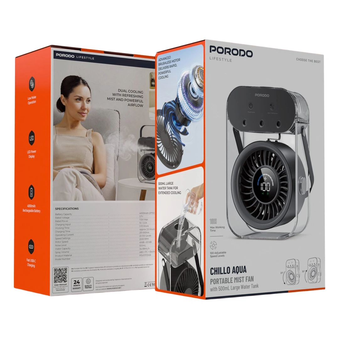 Porodo Lifestyle Chillo Aqua Portable Mist Fan 500mL (Black)