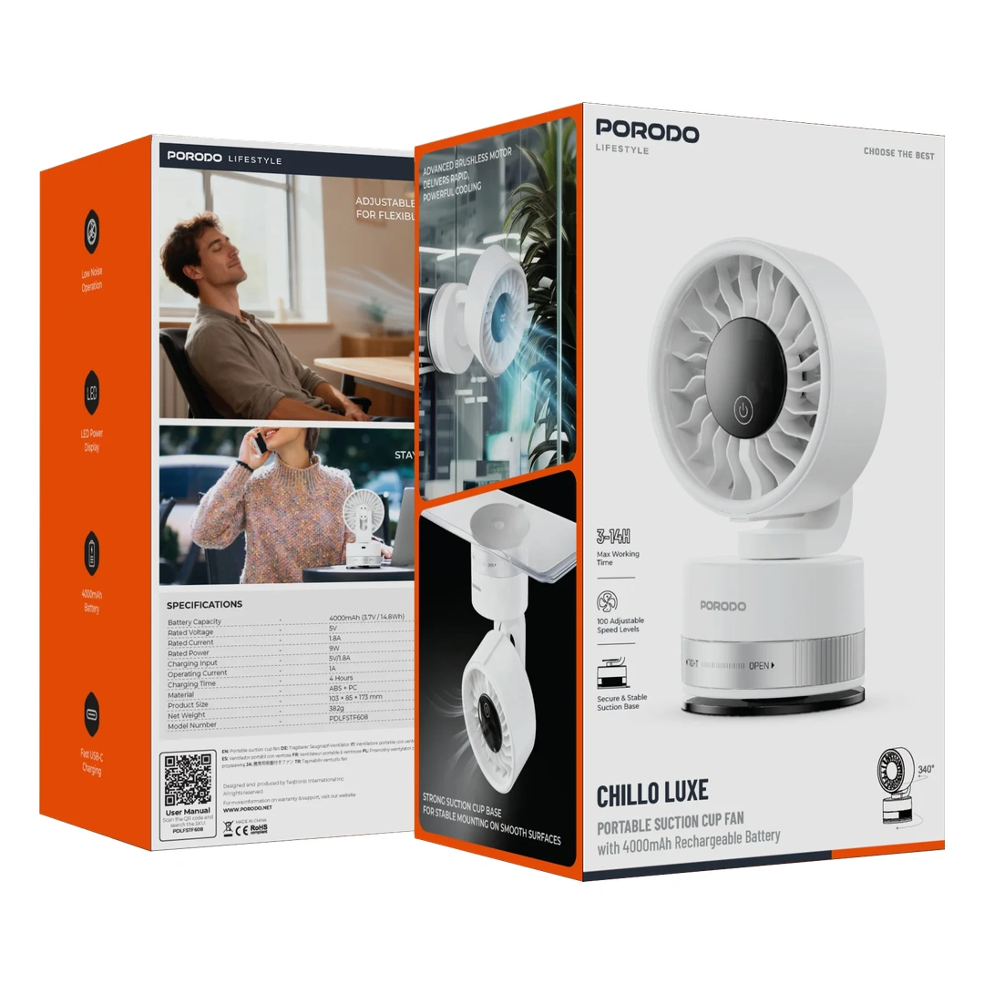 Porodo Chillo Luxe Suction Cup Fan 4000mAh - White