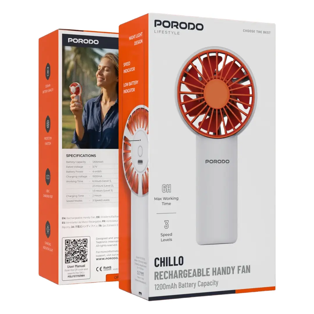 Porodo Lifestyle Chillo Rechargeable Handy Fan - 1200mAh, White