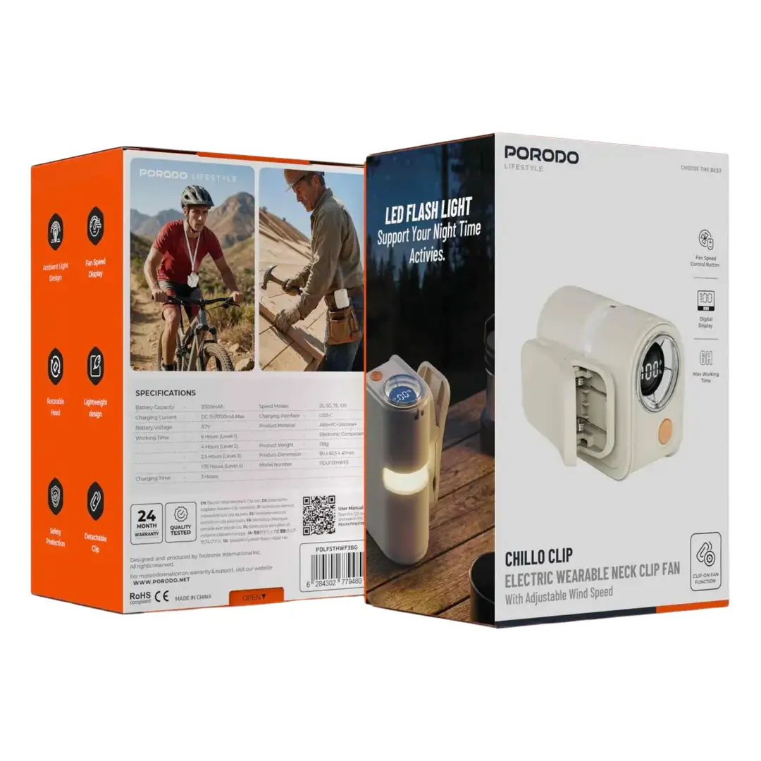 Porodo Lifestyle Chillo Clip Wearable Neck Fan (2000mAh, Beige)
