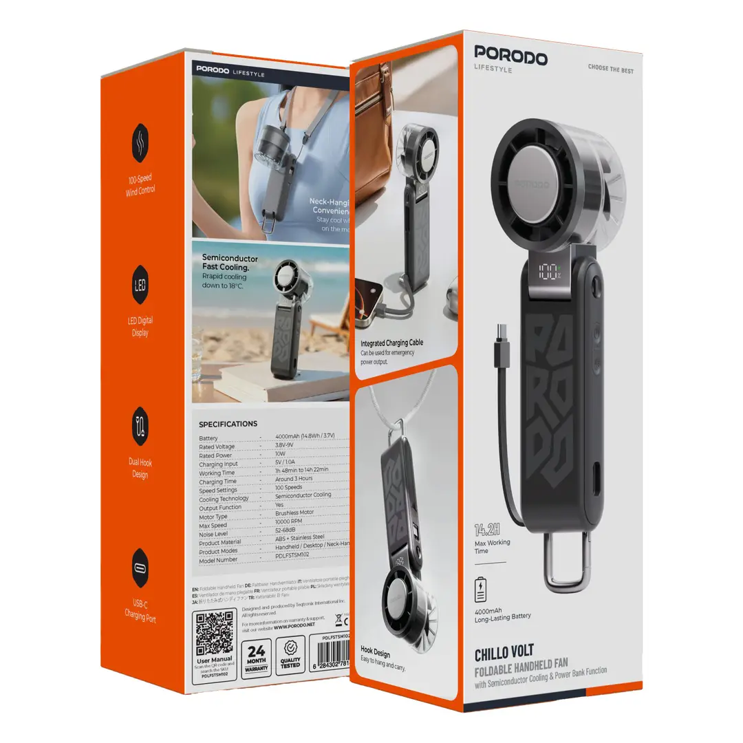 Porodo Lifestyle Chillo Volt Foldable Handheld Fan with Semiconductor Cooling & Power Bank