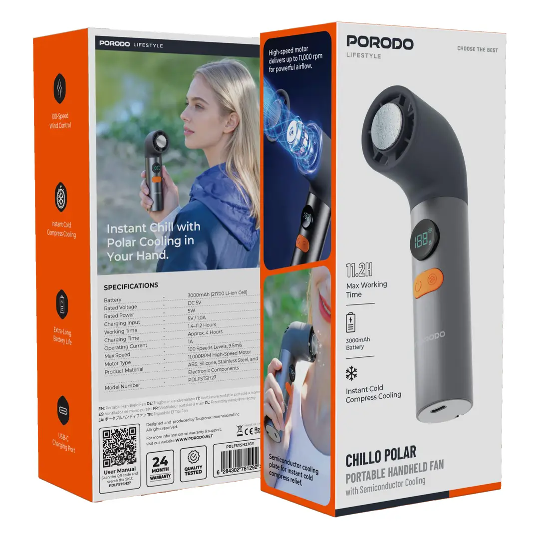 Porodo Lifestyle 3000mAh Handheld Fan with Semiconductor Cooling - Grey