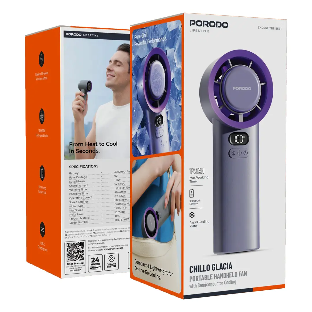 Porodo Lifestyle Chillo Glacia Portable Handheld Fan with Semiconductor Cooling - Grey