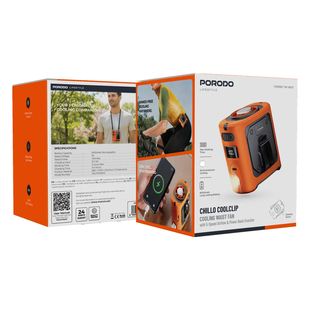 Porodo Lifestyle Chillo Coolclip Cooling Waist Fan, 8000mAh, Orange
