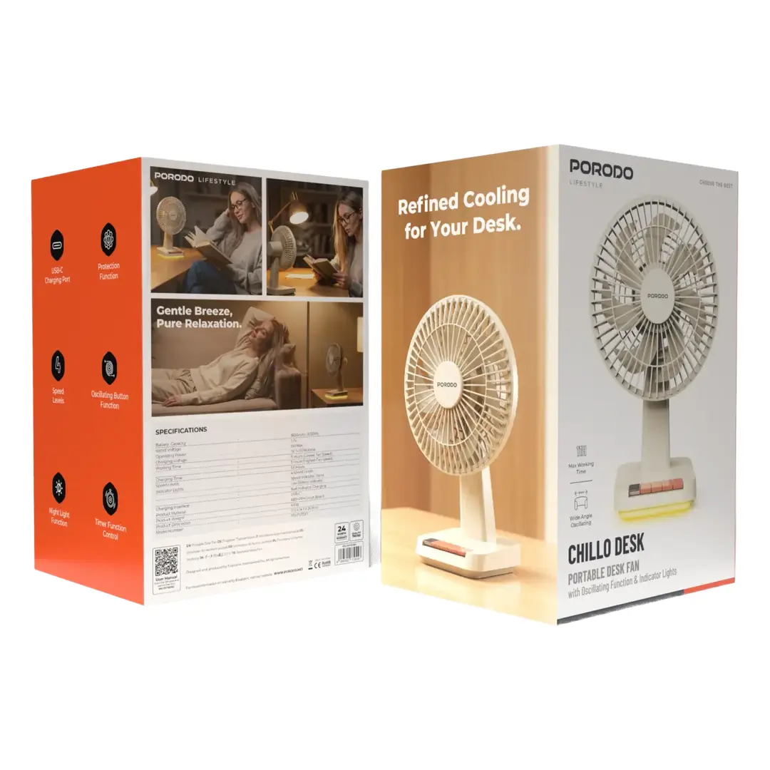 Porodo Lifestyle Chillo Portable Desk Fan with Rechargeable Battery - Beige & Orange