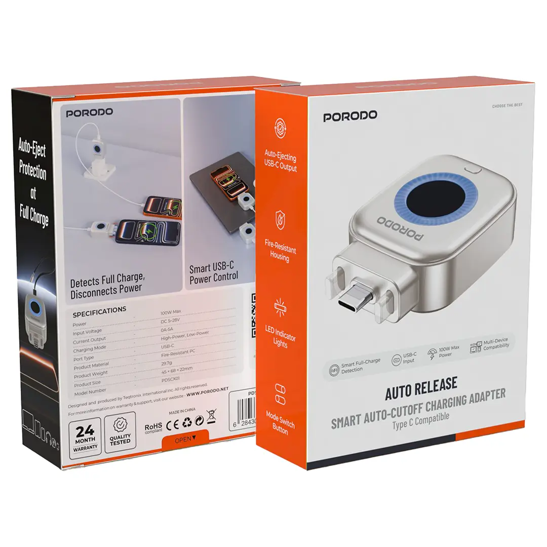 Porodo Auto Cutoff Smart Charging Adapter - Silver
